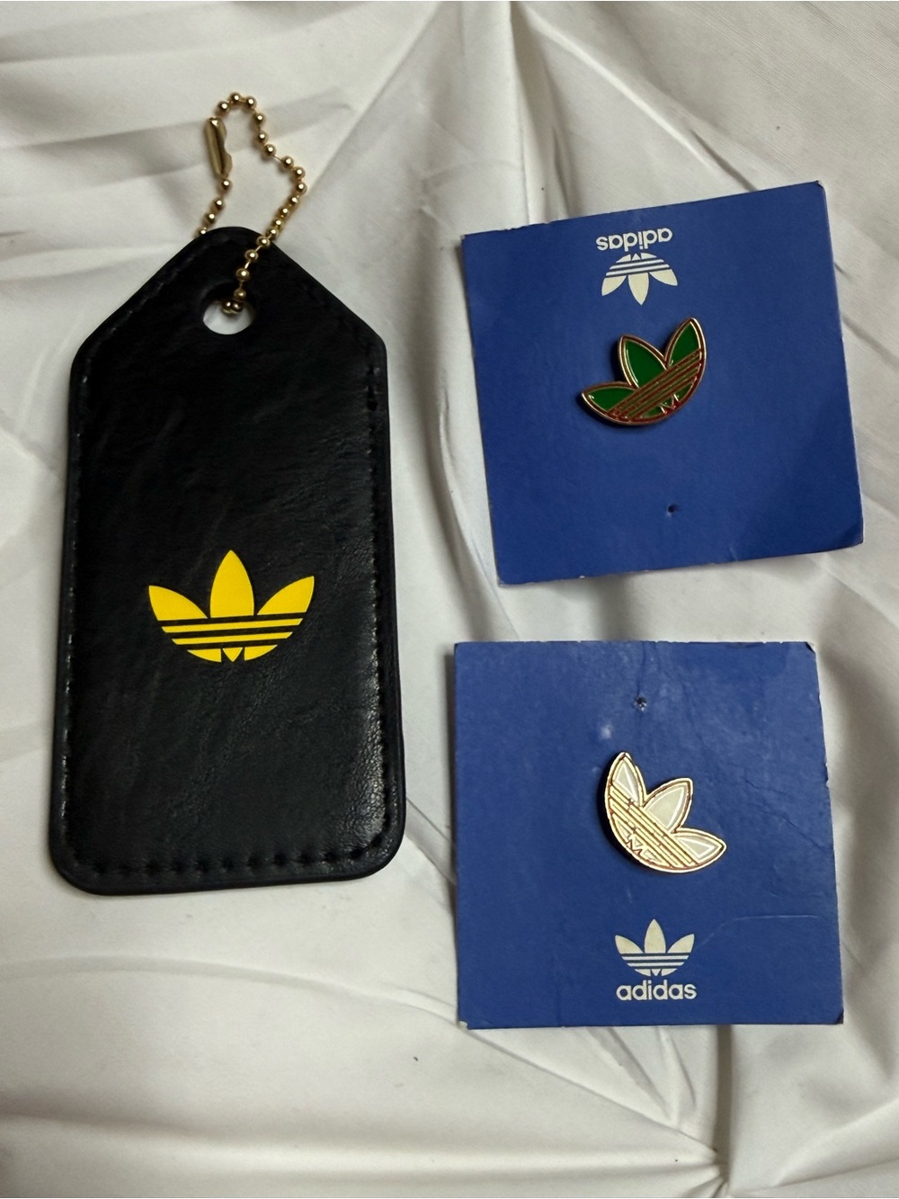 adidas Black Leather Tag with Yellow Trefoil and Two Enamel Trefoil Pins